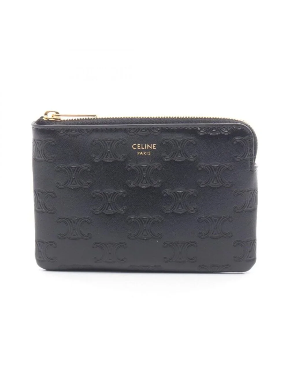 Celine Coin Case Triomphe with Key Ring Black Leather